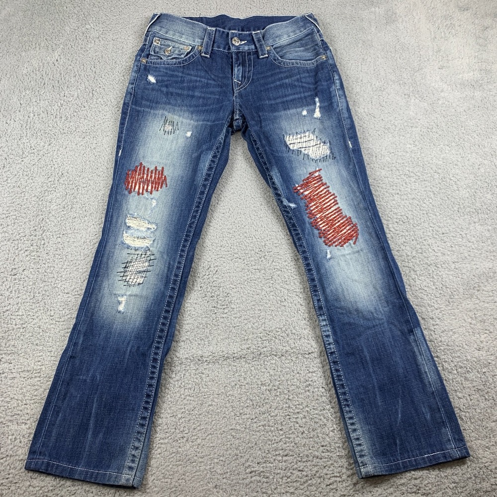 True Religion Jeans Womens 28 Blue Distressed Straight‎ Trail Hawk Flap Pockets